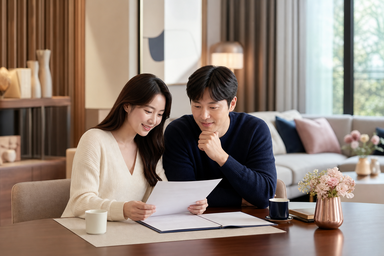 예비 부모가 서류를 함께 살펴보는 장면